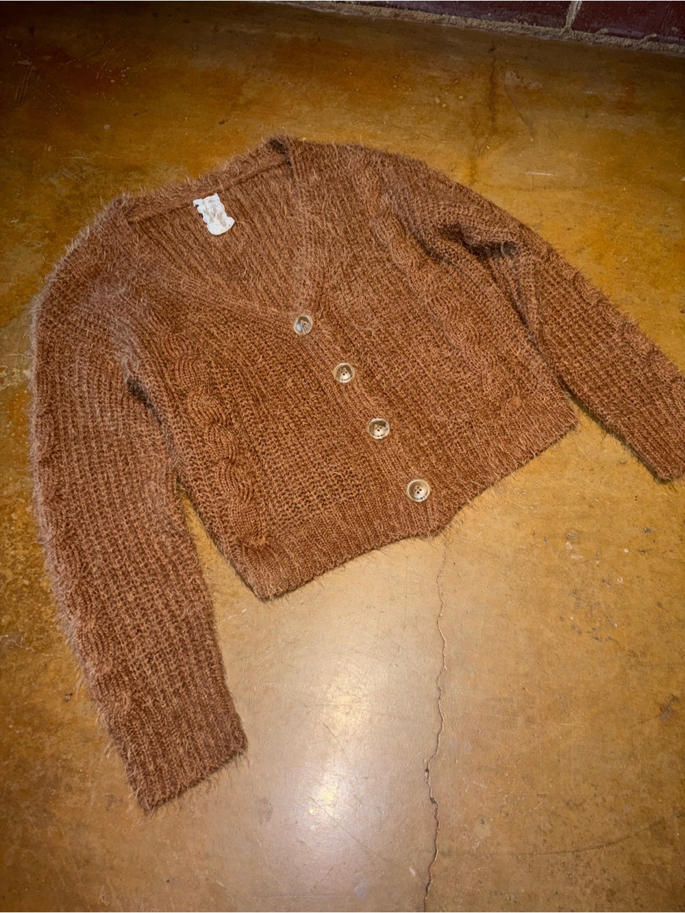 Sadie & Sage Fuzzy Brown V-Neck Button Cropped Cardigan